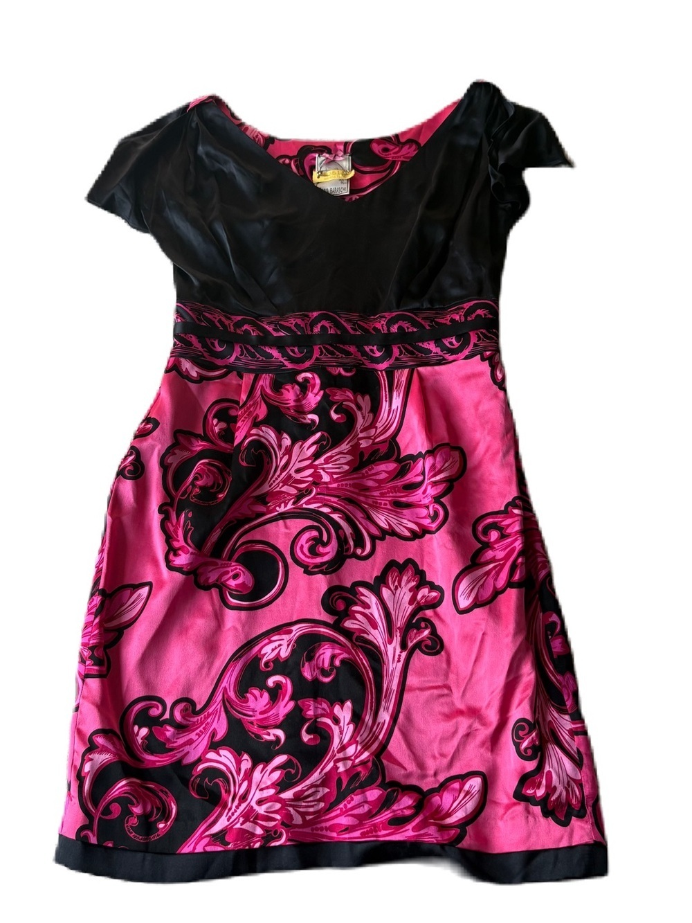 Yoana Baraschi Pink Black Baroque Midi Dress Sz 8 100% Silk Paisley